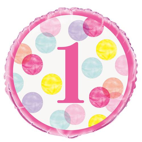 1st Birthday Dots Pink 45cm (18") Foil Balloon